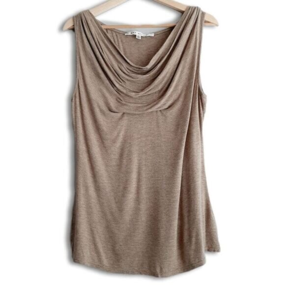 MAX STUDIO Draped Cowl Neck Stretch Tank Top Beige Cream Sz L - Picture 1 of 9